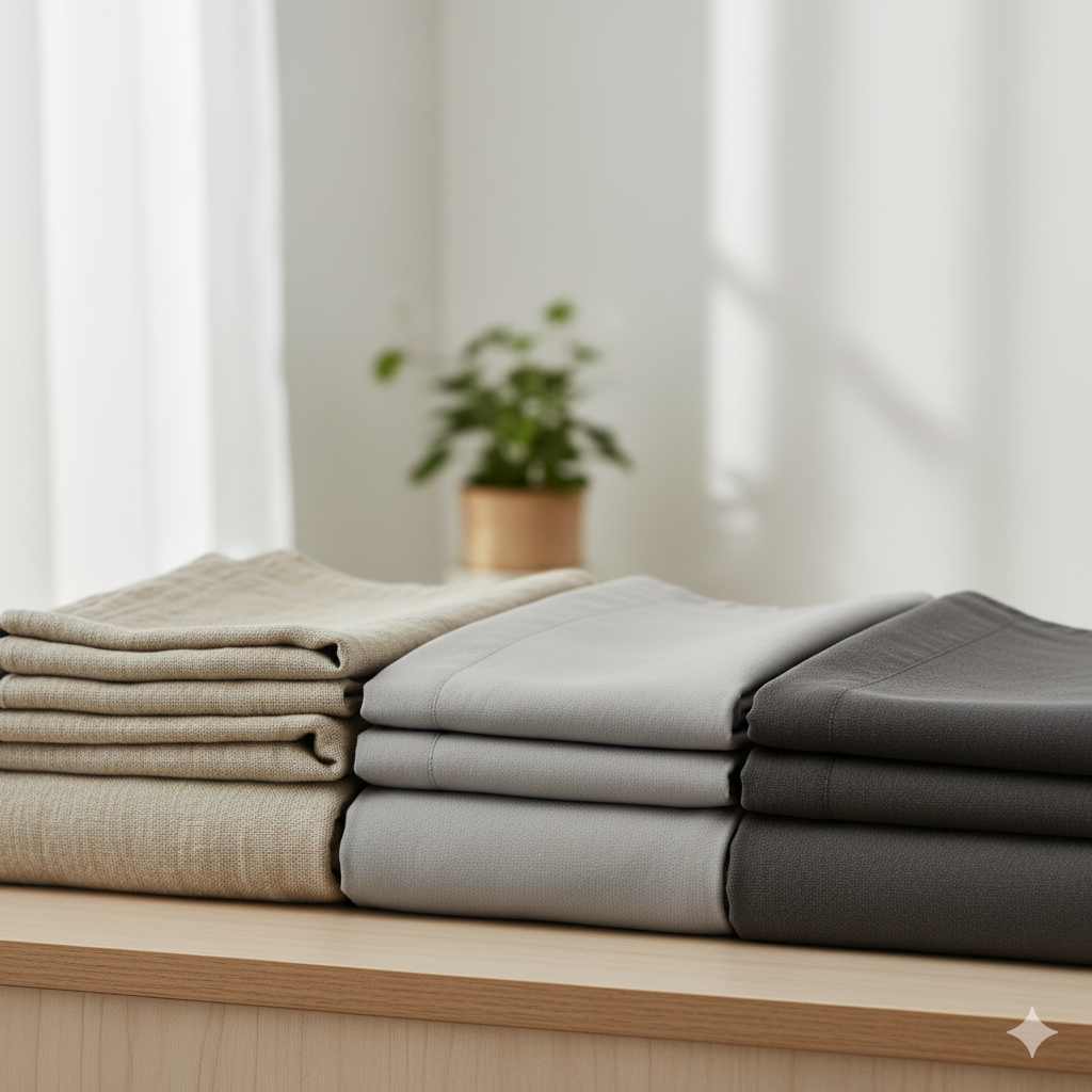 Close-up of premium linen, cotton, and blackout curtain fabrics in neutral tones